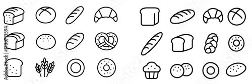 Variety of bread and pastry icons showcasing different types of baked goods in a simple black and white design