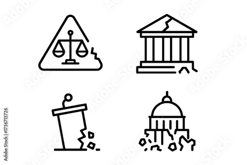 Symbols of justice, government, and decay illustrate challenges within society and infrastructure in a minimalistic design