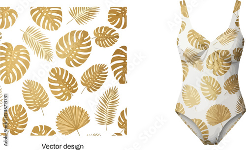A white swimsuit with golden tropical leaf pattern next to a pattern design of golden leaves