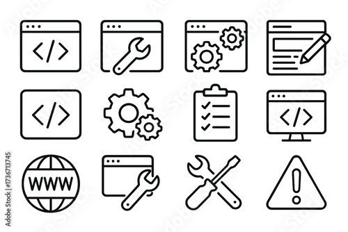 Design elements for web development tools and user interface icons used in digital projects