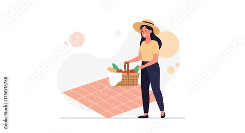 Lady Enjoying A Sunny Day With Picnic Basket On The Checkered Blanket