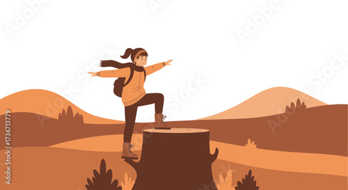 Lady Climber standing high on tree stump reaching hand towards the mountain landscape ahead