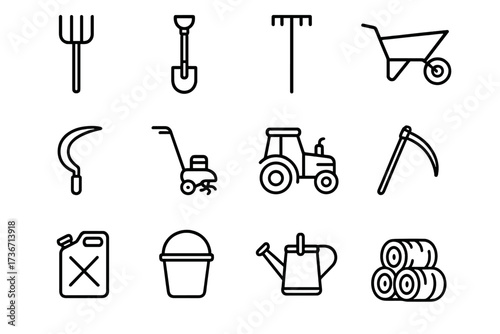 Tools for gardening and farming used for various tasks in cultivating land