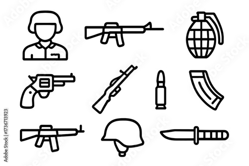 Collection of military symbols including soldier, weapons, and ammunition for educational or design purposes