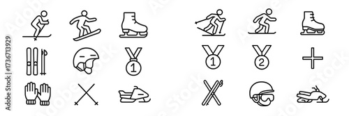 Iconic winter sports symbols featuring skiing, snowboarding, ice skating, and medals for athletes in action during competitive events