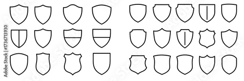 Different shield designs arranged in a grid pattern for reference or inspiration in graphic design