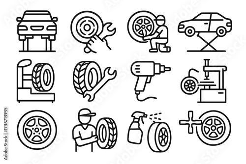Various tire maintenance icons showing activities like changing tires and using tools