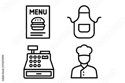 Busy kitchen scene with menu, chef, cash register, and apron at a burger restaurant during lunch hour