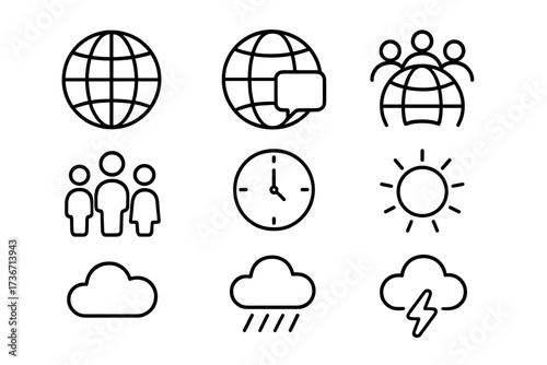 Various symbols illustrating communication, community, time, and weather in a simple graphic design