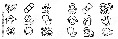 Healthcare and childhood development icons featuring children, sports, and medical symbols in a simple, clean design