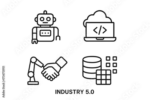 Icons representing Industry 5.0 technologies and concepts with a focus on collaboration and innovation