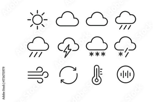 Weather symbols showing sunshine, clouds, rain, wind, and temperature variations in a simple and clear design for easy understanding