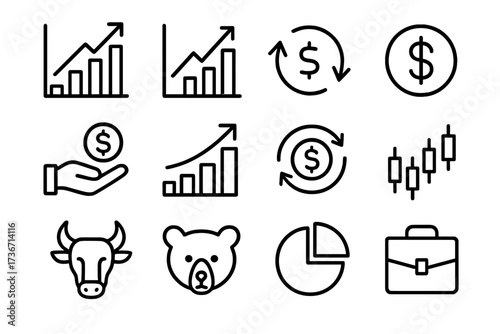 Various financial symbols representing growth, currency, and market trends in a clear black and white style suitable for educational materials