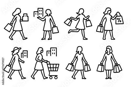 Women shopping in a city, holding bags and enjoying their day at various stores