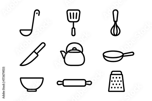 Kitchen utensils arranged in a simple layout showcasing essential cooking tools for everyday use