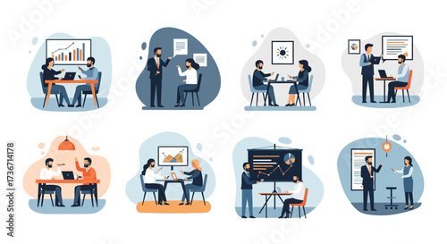 Teamwork and Collaboration in a Business Meeting Setting with Data Analysis and Presentation Scenes