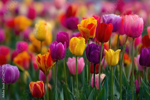Vibrant Tulip Festival: A Lush Field of Blooming Flowers in Red, Purple, Yellow, and Pink Hues