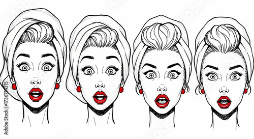 Four Retro Pop Art Illustrations Showcasing Different Female Hairstyles and Expressions of Surprise and Awe
