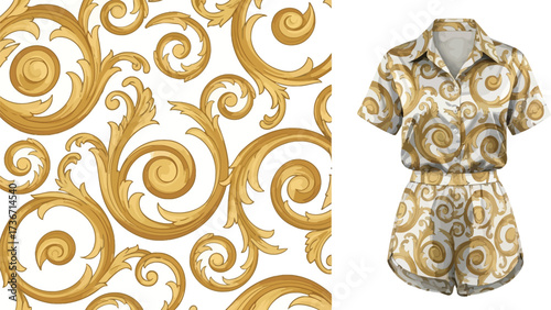 A white romper with a gold baroque pattern next to a baroque pattern on a white background