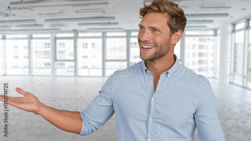 A man with a blue shirt and a smile on his face. He is pointing to the camera