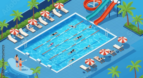 Tropical Resort Swimming Pool With Water Slides Palm Trees Loungers and Swimmers Enjoying a Sunny Day