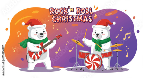 Two polar bears are joyfully celebrating a rock 'n' roll Christmas, one playing the guitar and the other on drums, spreading festive cheer with their music. Vector illustration.