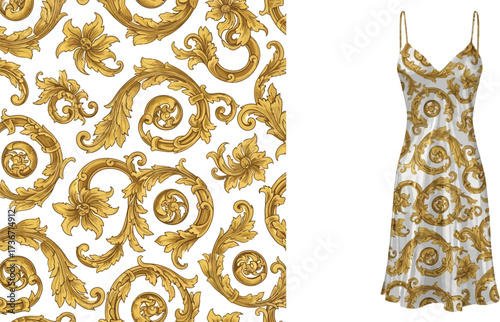 Slip dress with golden baroque pattern and matching fabric swatch on a white background studio shot