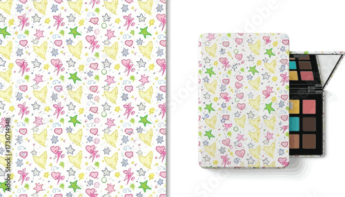 Makeup palette with a colorful pattern of hearts stars and lightning bolts on a white background