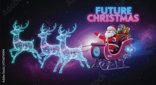 A futuristic Christmas scene featuring Santa Claus riding in a sleigh pulled by glowing reindeer, set against a backdrop of stars and cosmic dust. Festive and magical. Vector illustration.