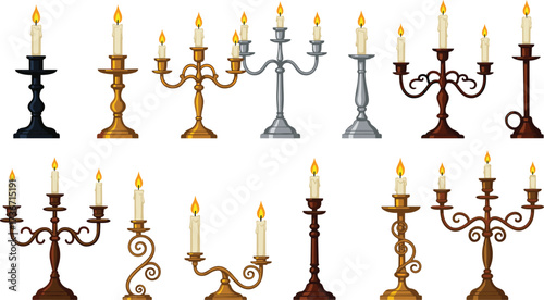 Candle holder vector set, lit candles illustration, decorative metal designs, ornate vintage style, home decor, interior lighting, elegant collection