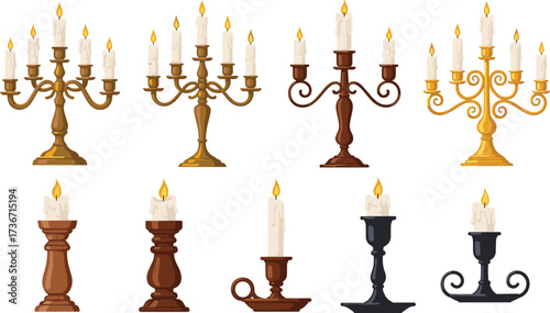 Candle holders, candelabras, lit candles, decorative design, vintage style, classical decor, vector art, home decoration, illumination, elegant illustration
