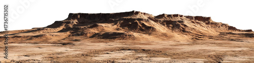 PNG of A vast, arid landscape features rugged terrain and dramatic rock formations under a clear sky.