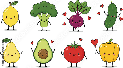 Cartoon fruits, smiling vegetables, healthy food, cute characters, anthropomorphic produce, kids nutrition, playful design, vector art, fun, educational image