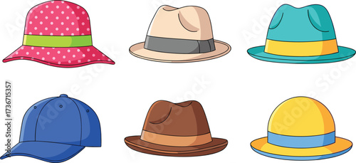 Cartoon hats, fashion accessories, wide-brimmed hats, fedoras, baseball caps, stylish headwear, vector art, costume design, colorful, playful illustration