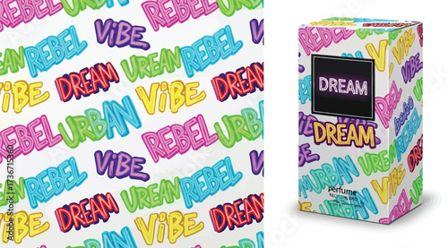 A perfume box with colorful graffiti words like dream rebel urban and vibe on a white background