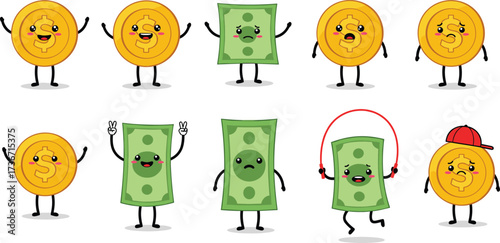 Cartoon money characters vector set, anthropomorphic coins and bills, finance illustration, cute expressions, savings concept, playful design, kids style