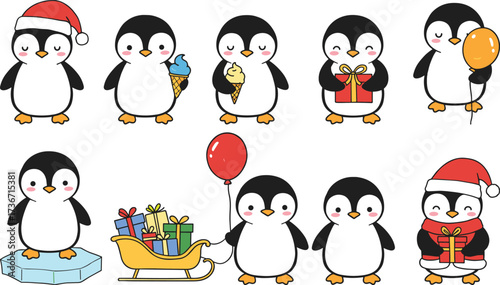 Cartoon penguins, festive illustration, Christmas vector, holiday animals, cute characters, gift box, balloon, ice cream, winter fun, seasonal clipart