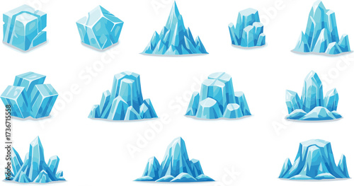 Ice formation illustrations, stylized icebergs, jagged shapes, crystalline blocks, arctic environment, winter design, vector art, isolated, cold blue tones