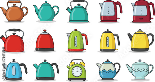 Kettle and teapot vector set, cartoon kitchenware, colorful designs, vintage electric styles, home appliance illustration, cookware collection, cozy decor