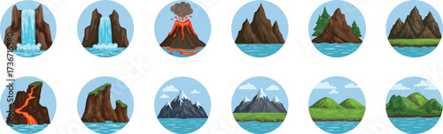 Landform illustrations, volcano vector, waterfall clipart, mountain range, geological features, nature icons, cliff drawing, hill design, terrain set, earth elements