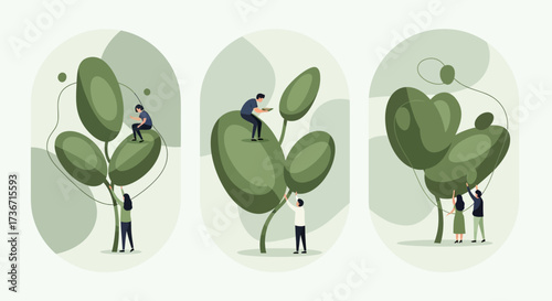 Tiny people nurturing large green plants symbolizing growth and collaboration in a serene natural environment abstract illustration
