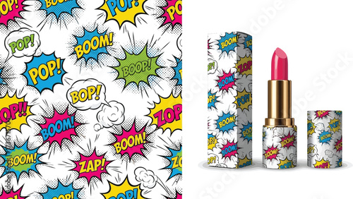 Pink lipstick with comic book themed packaging and background on a white surface in a studio shot