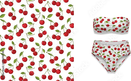 Cherry pattern background next to a two piece swimsuit with cherry pattern on a white background