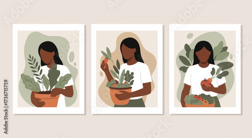 Three Contemporary Illustrations of Women Tending to Potted Plants and Fresh Produce with Abstract Backgrounds in Soft Earth Tones