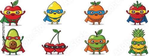 Superhero fruit illustrations, cartoon style, apple, lemon, strawberry, avocado, pineapple, cherry, cape, mask, healthy food, vector art, isolated