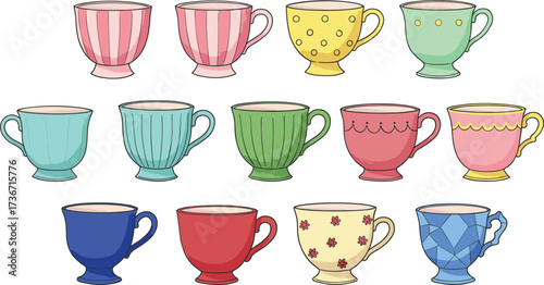 Teacup vector set, colorful ceramic cups, cartoon kitchenware, pattern design, cozy drinkware, home decor, cute illustration, vintage style