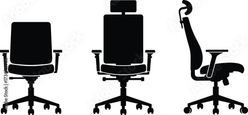 Office Chair Silhouette Vector Set – Ergonomic Designs with Headrest, Armrests, and Wheels for Workplace, Furniture, and Product Design Themes