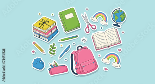 Back to School Supplies Collection Featuring Backpacks Books Notebooks Pens Pencils Scissors and More Educational Items