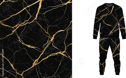 Black and gold marble pattern next to a matching tracksuit on a white background studio shot