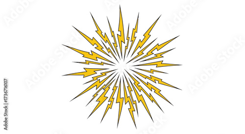 Explosive Burst of Yellow Lightning Bolts Emanating from a Central Point Creating a Starburst Effect on a White Background